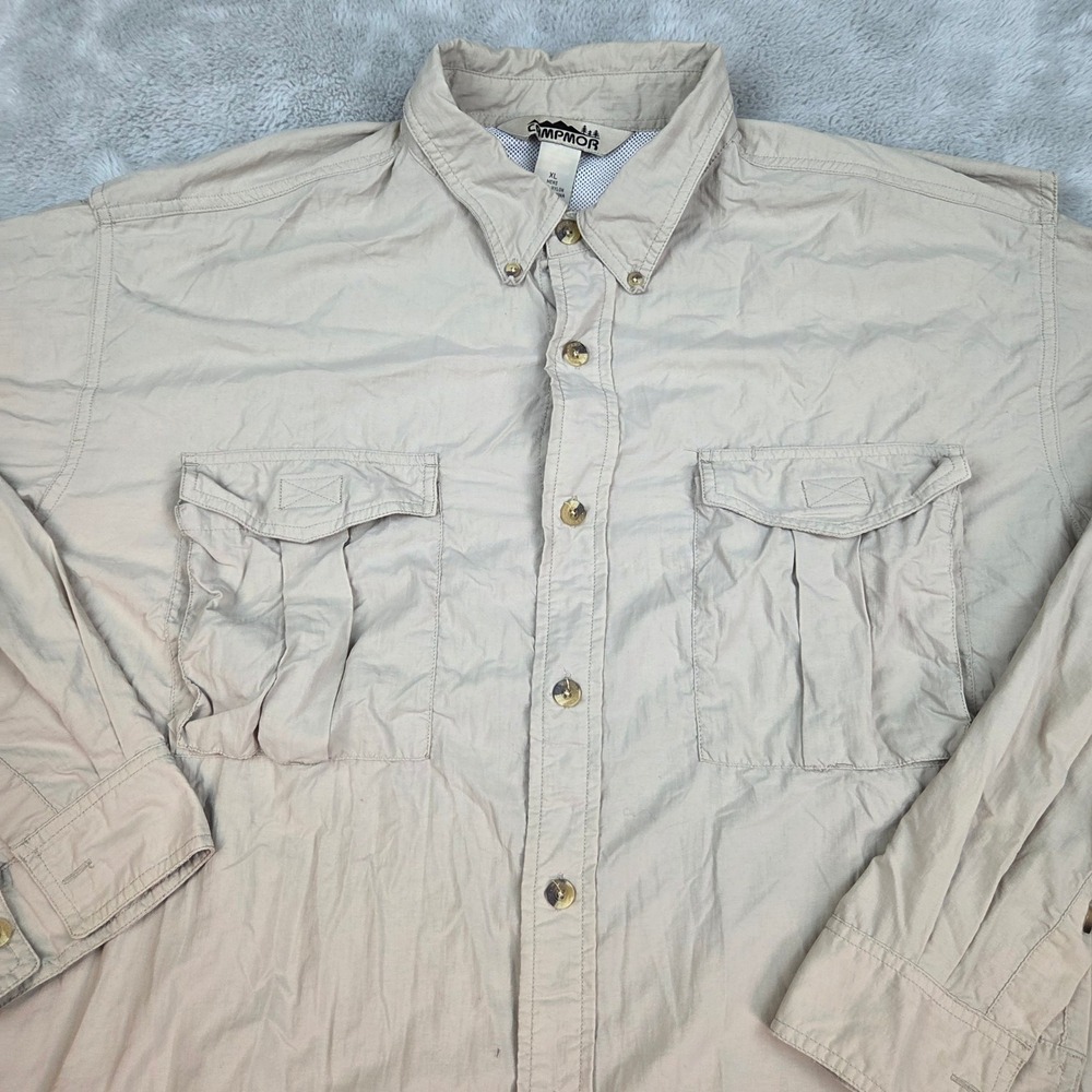 Campmor Fishing Shirt Mens XL Long Sleeve Ventilated Pockets Hiking Outdoor Tan
